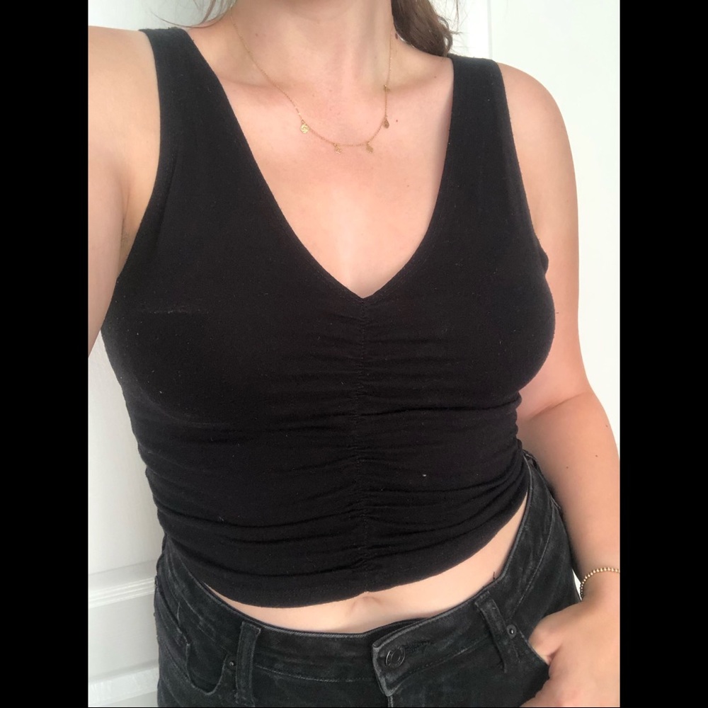 Black Gathered V Neck Crop Top